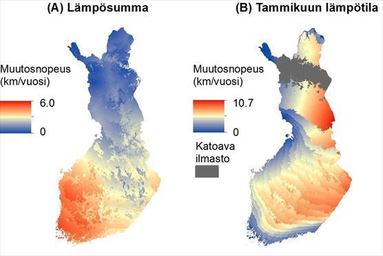 Kasvukauden lämpösumman ja tammikuun keskilämpötilan muutosnopeudet Manner-Suomessa